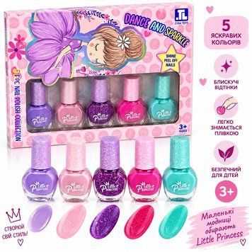 Набір дитячих лаків для нігтів Little Princess 5 кольорів з блискітками, лак-плівка, 3+ ZR-14B фото